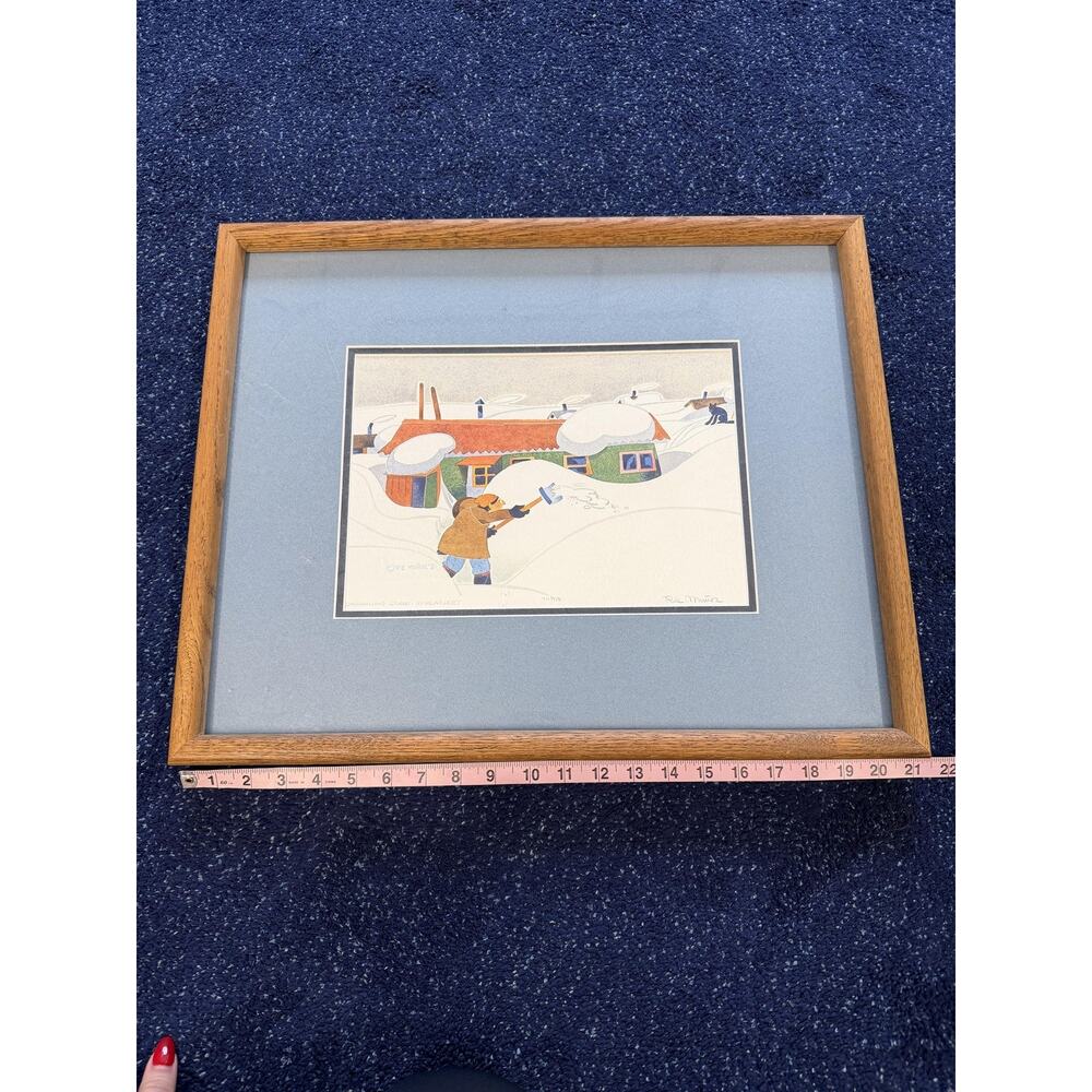Vintage Rie Munoz Shoveling Snow Unalakleet Framed Limited Print Signed 1991